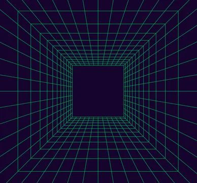 Grid room in perspective in 3d style. Indoor wireframe from green laser bea.. Illustrazione stock