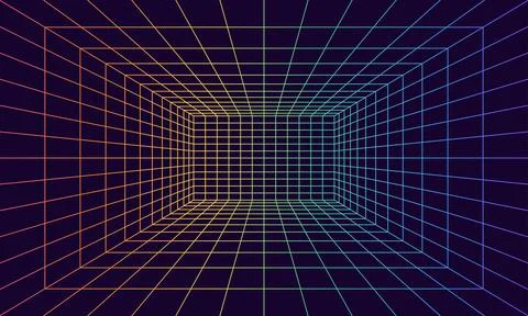 Grid room in perspective in 3d style. Indoor wireframe from rainbow laser b.. Stock-Illustration