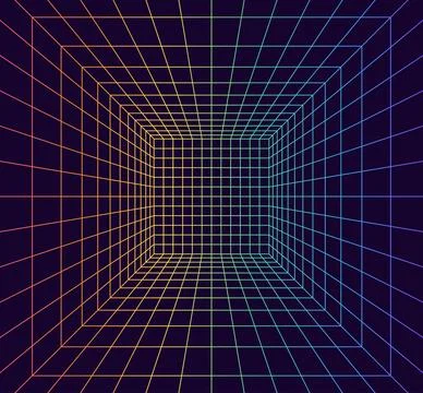 Grid room in perspective in 3d style. Indoor wireframe from rainbow laser b.. Stock Illustration
