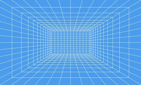 Grid room in perspective in 3d style. Indoor wireframe from white laser bea.. Stock Illustration
