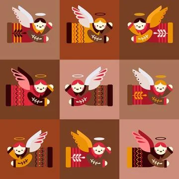 Grid seamless pattern with flying Scandinavian folk angels in festive warm .. Stock Illustration