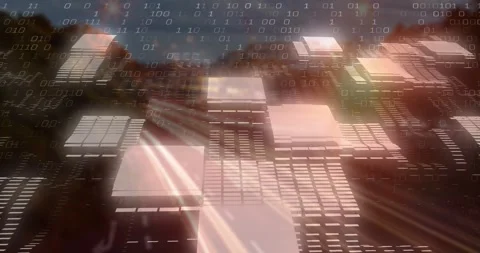 Grid sending glowing squares moving toward viewer along highway, binary stream Stock Footage 328408826