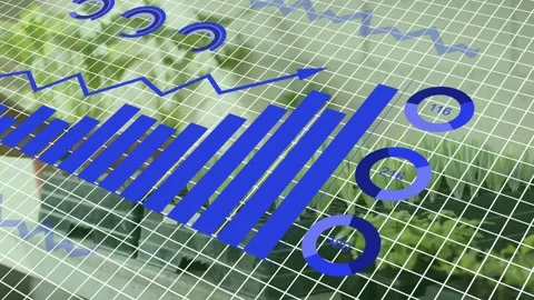 Grid settling, activating business dashboard with bars rising and rings forming, 스톡 동영상 333221428
