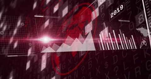 Grid shifting triggers line graph growing, area chart sliding, bars rising, map Stock Footage 317275588