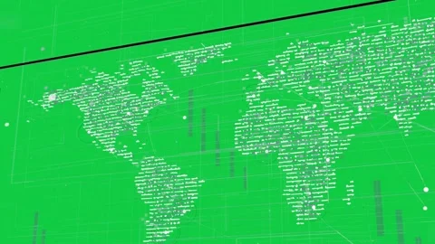 Grid shifting, worldmap forming, linking nodes, purple bars rising, revealing Stock Footage 337142664