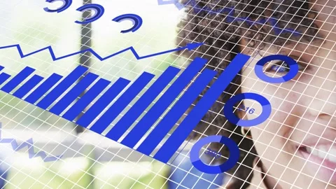 Grid showing data charts growing pie rotating bits forming overlaying smiling Stock Footage 333734408