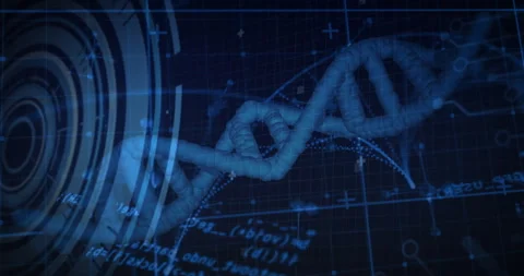 Grid showing DNA helix emerging, drifting to center, code scrolling HUD pulsing Stock Footage 310970745