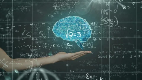 Grid showing equations, hand raising 3D brain, symbols shifting to abc showing 스톡 동영상 313094616