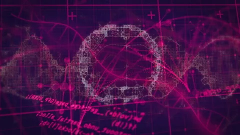 Grid showing pink code launching nodes forming brain network pulsing DNA helix Stock Footage 312657485