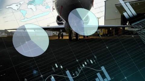 Grid sliding over jet nose initiating data overlays animating metrics for runway Video stock 328304042