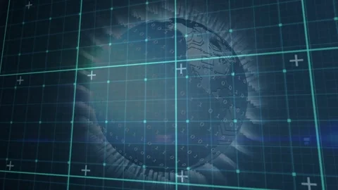As grid sliding in sphere rotating and revealing circuits aligning scanning Stock Footage 328524486