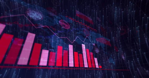 Grid spawning red baseline, bars fluctuating, line graph oscillating, icons Video stock 311085215