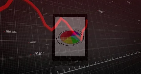 Grid spawning tablet and 3D bars morphing into pie chart then sweeping red line Stock Footage 317660027