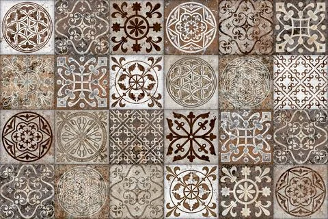 A grid of squares, each featuring intricate floral and swirling designs. 스톡 일러스트
