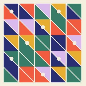 Grid of squares with triangles and circles in colorful abstract pattern. Stock Illustration