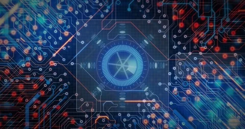 Grid starting blue traces flowing to hexagonal panel gauge lighting nodes Stock Footage 317593472