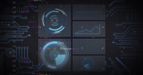 On grid startup HUD elements rotating, panels animating, tags updating for Stock Footage 317115532