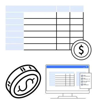 Grid table and dollar symbols representing financial data, displayed on a com Stock Illustration