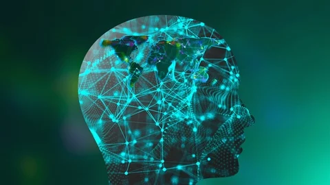 Grid of thin lines connected by dots inside the head profile and geographic map Stock-Footage 119907861