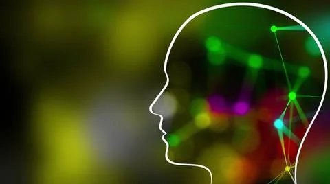 Grid of thin straight lines connected by dots inside the head on a green, ... 写真素材