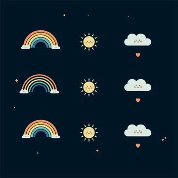 Grid of three rainbows, three suns, and three happy clouds against a dark n.. Stock Illustration