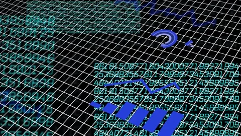 Grid tilt starting camera shift, blue bars rising, line tracing gauges rotating Stock Footage 335739480