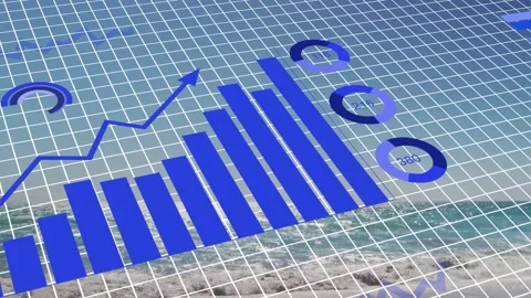 Grid tilting into view, blue graphics forming bars, line, rings and pie, Stock Footage 332625487