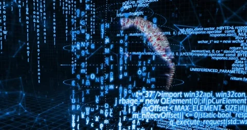 Grid-triggered digital globe rotating right while code streams intensifying for Stock Footage 327591907