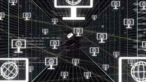 Grid tunnel opening, spawning monitor and mail icons, scaling and drifting, Stock Footage 334322341