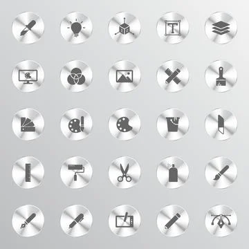 A grid of twenty-five circular metallic buttons Stock Illustration