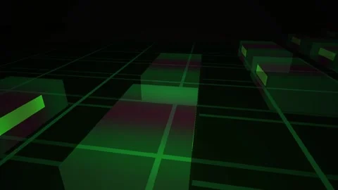 Grid Virtual Space with Glowing Blocks Moving in Futuristic Cyberspace Stock Footage 343727023