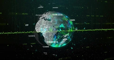 Grid visualizing codes as gray globe entering left overlapping pulsing sphere Stock Footage 318259669