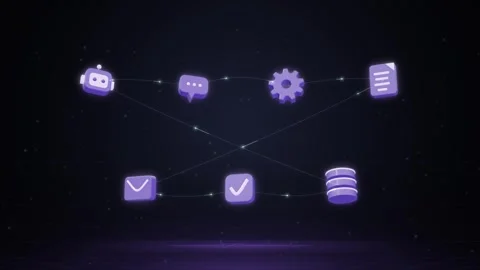 Grid wall of glass agent workflow icons wired together on deep black seamless 動画素材 342759447