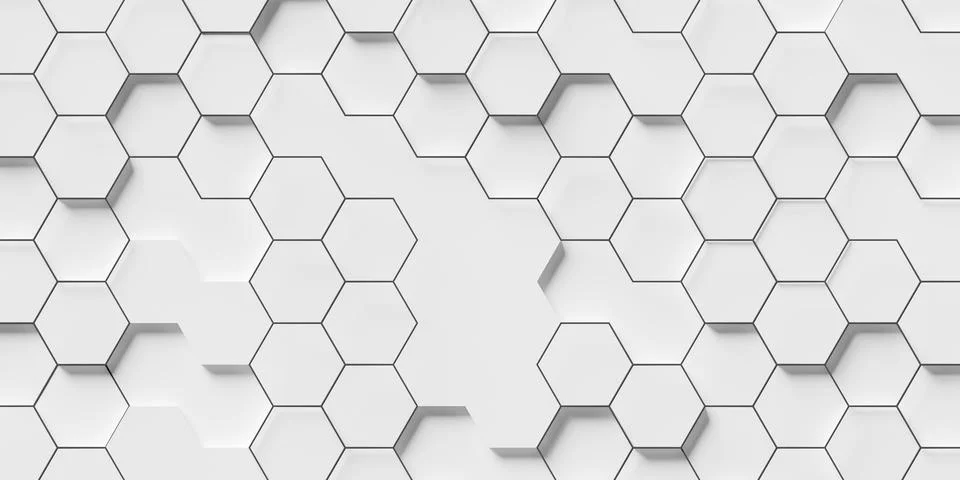 Grid of white randomly moved polygon hexagons or honeycombs with black wire.. Stock Illustration
