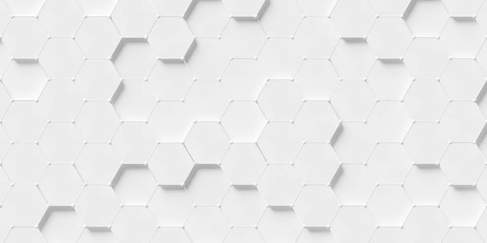 Grid of white randomly moved polygon hexagons or honeycombs with wireframe .. 스톡 일러스트