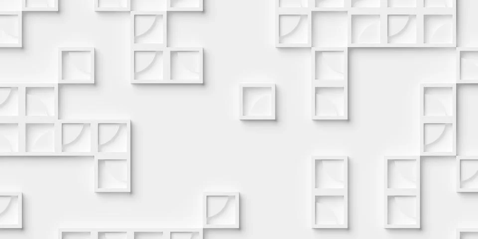 Grid of white square frames with cylinder part inlay sparsely scattered geo.. Stock-Illustration