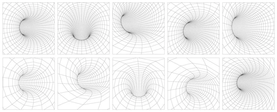 Grid wormhole wireframe tunnel. 3d gravity quantum, vector wormhole illustration Stock Illustration