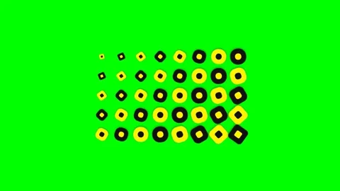 A grid of yellow and black ring shapes increasing in size on green background Stock-Footage 341838996