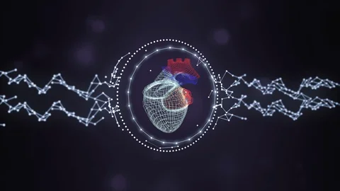 Gridded model of human heart shielded by glowing rings and plexus network Stock Footage 127968789