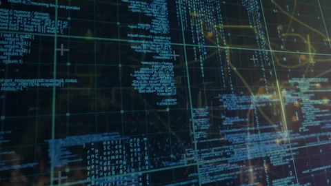 Gridlines appearing holographic interface cascading code pulsing golden nodes Stock Footage 309893418