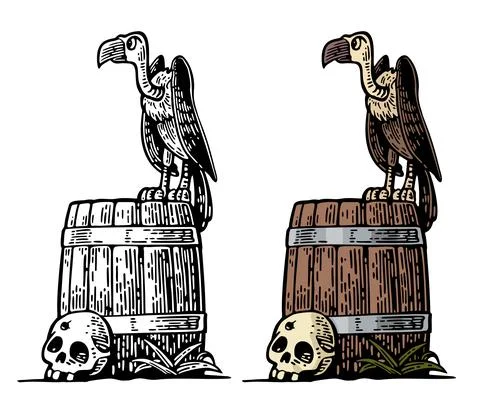 Griffin sitting on barrel with skull. Vector color hand drawn vintage engravi Stock Illustration