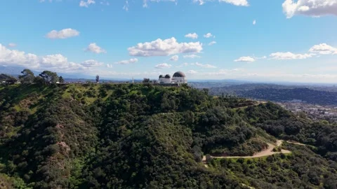 Griffith Observatory aerial drone shot moving left to right over Hollywood Hills Stock Footage 329700524