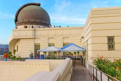 Griffith Observatory Dome with Visitors at Sunset Stock Photos