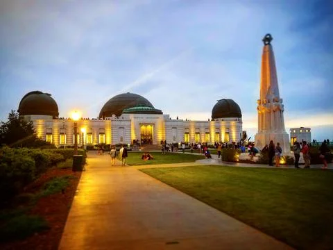 Griffith Observatory At Dusk with Lights Stock Photos