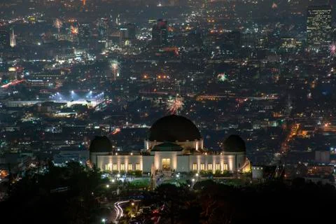 Griffith Observatory illegal fireworks in background Stock Photos
