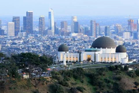 Griffith Observatory Park with Los Angeles Skyline at Dusk Stock Photos