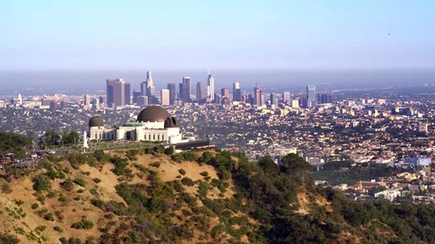 Griffith Park Observatory and view of Downtown Los Angeles Stock Footage