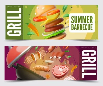 Grill 3D cartoon vector flyers design set, realistic BBQ barbecue party Stock Illustration