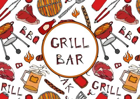 Grill Bar. Seamless Pattern of Summer BBQ Grill Party. Beer, Steak, Sausage,  Illustrazione stock