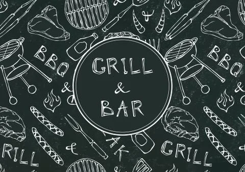 Grill Bar. Seamless Pattern of Summer BBQ Grill Party. Beer, Steak, Sausage,  Stock Illustration